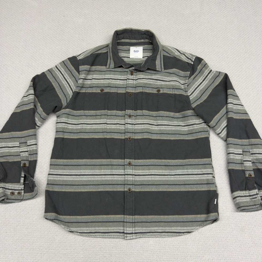 Katin Flannel Shirt Mens Medium Charcoal Grey Striped Long Sleeve Button Down